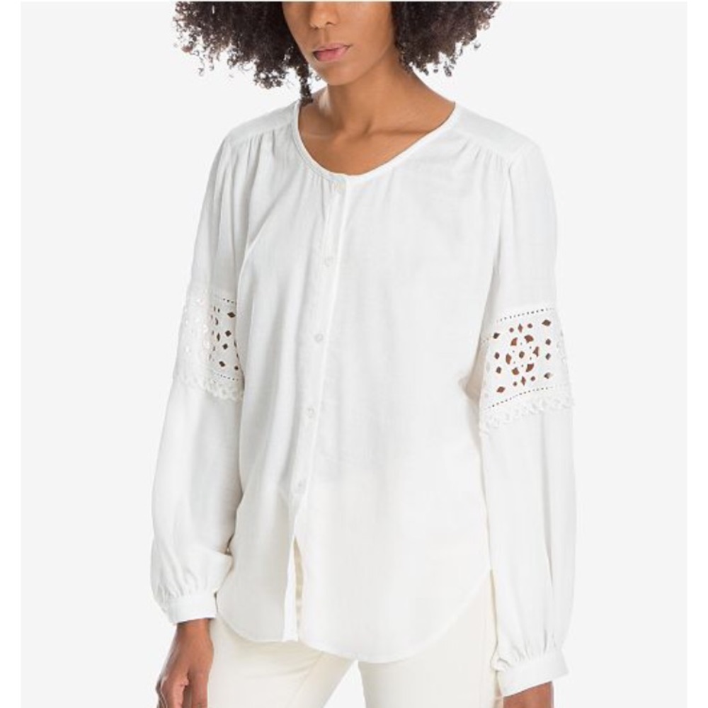Max Studio Eyelet Peasant Shirt Top Sz S White